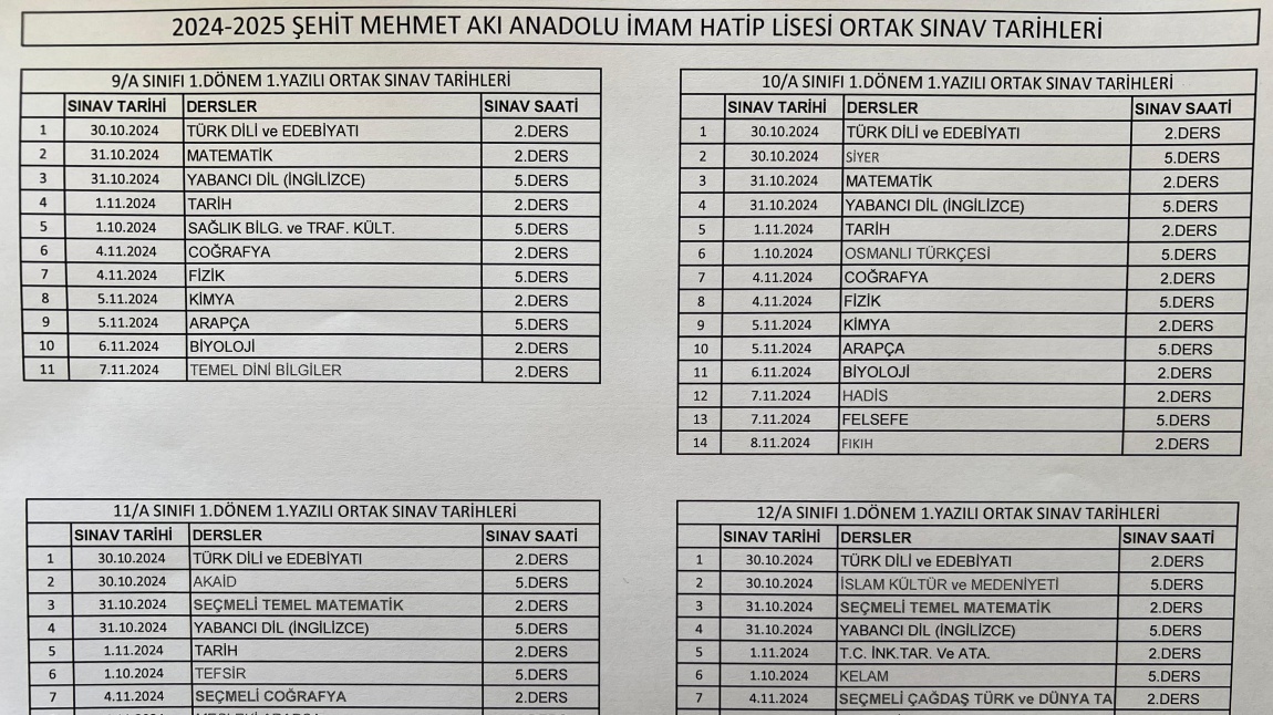 2024/2025 EĞİTİM VE ÖĞRETİM YILI 1.DÖNEM 1.YAZILI TARİHLERİ