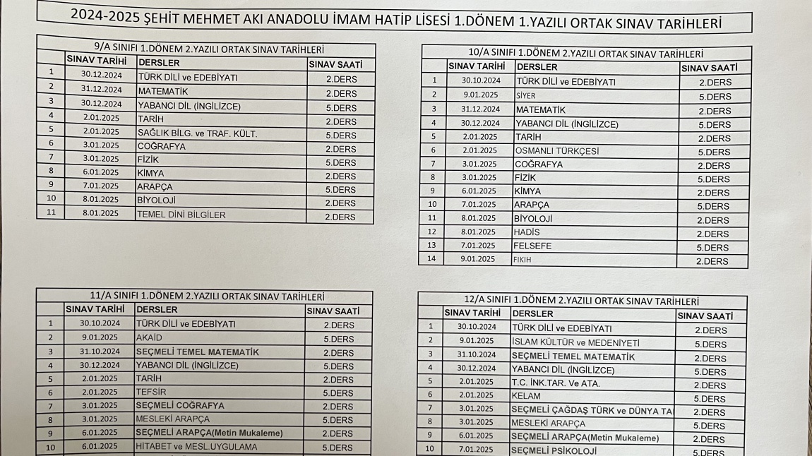 1.DÖNEM 2.ORTAK YAZILI SINAV TARİHLERİ