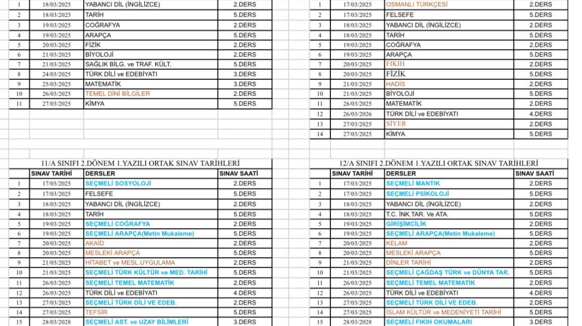 2.Dönem 1.Ortak Yazılı Sınav Tarihleri