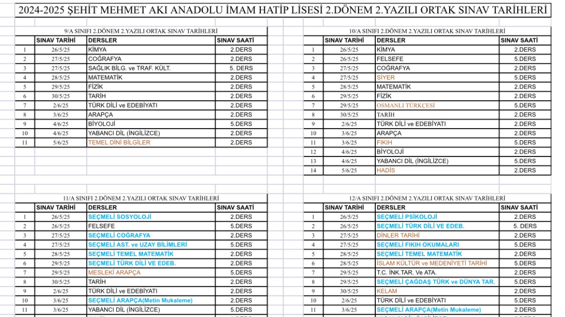 2024/2025 Eğitim Öğretim Yılı 2.Dönem 2.Yazılı Ortak Sınav Tarihleri